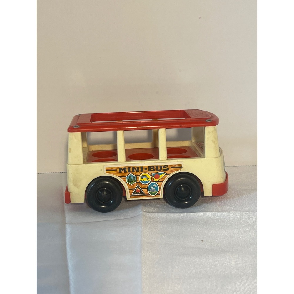 Vintage Fisher Price Little People Mini Bus Toy Red Cream 1970s FP 141